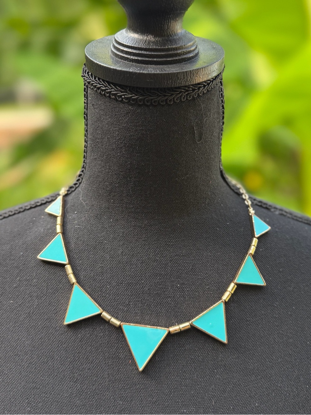 Geometric Turquoise & Antique Gold Triangle Statement Necklace - Picture 2 of 5